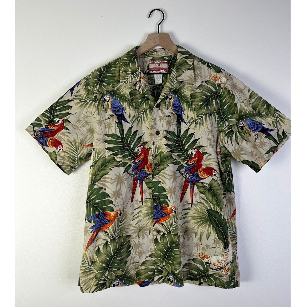 RJC Hawaiian Shirt‎ Parrot Tropical Print Button Up Short Sleeve Size Large